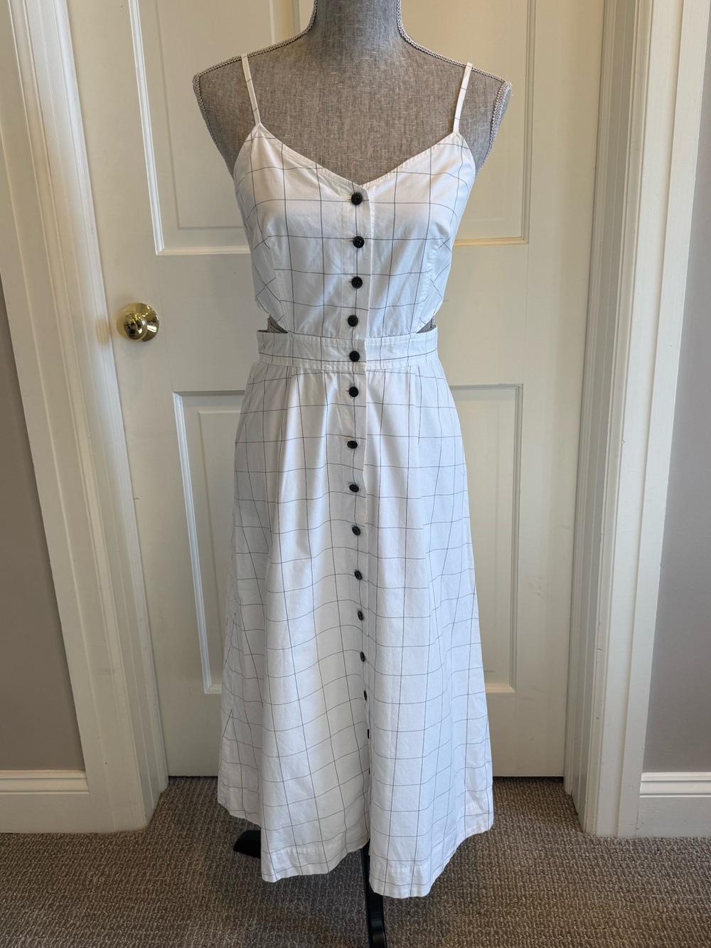 Madewell Windowpane Cutout White Grid Cami Midi Dress